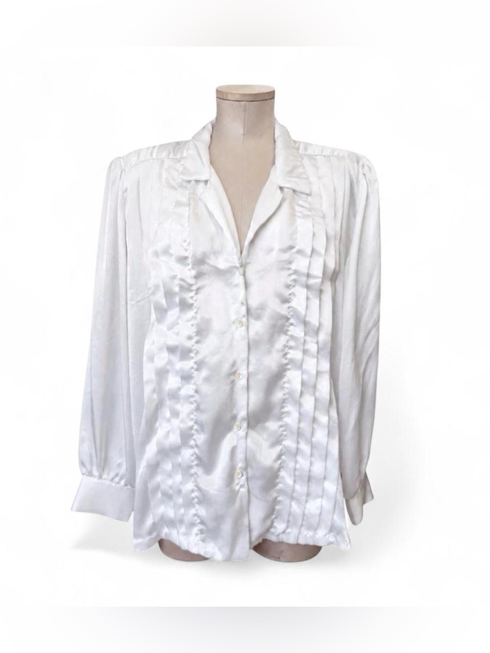 Vintage White Satin Pleated Button-Up Blouse